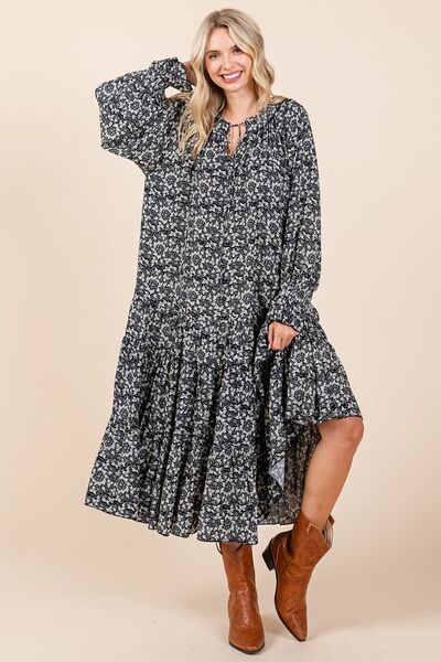 Mittoshop Printed Tie Neck Flounce Sleeve Midi Dress Dark Navy Casual Dresses