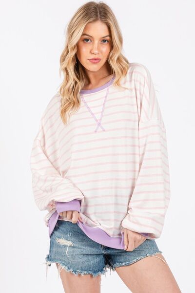 Ces Femme Striped Round Neck Drop Shoulder Sweatshirt Blush Pink Hoodies & Sweaters