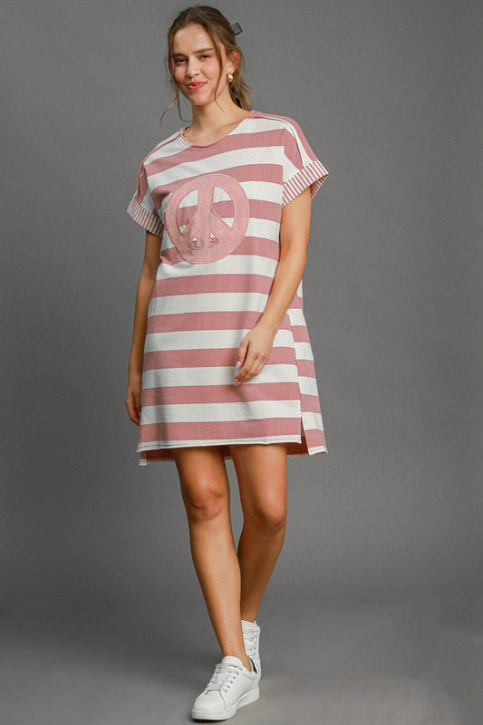 Umgee Peace Applique Striped Short Sleeve Mini Dress - Shop Style & More | Fresh Looks, Everyday Deals & Free Shipping