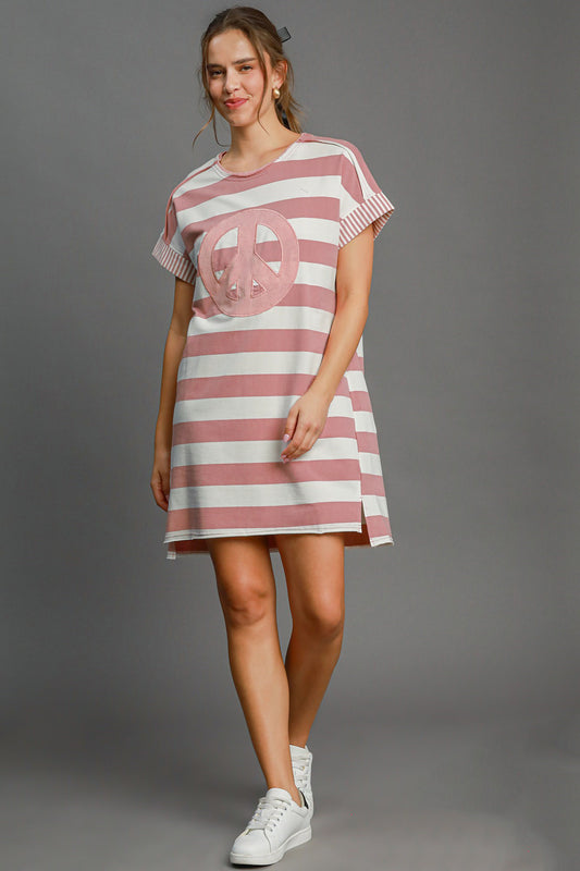 Umgee Peace Applique Striped Short Sleeve Mini Dress Dusty Pink Casual Dresses