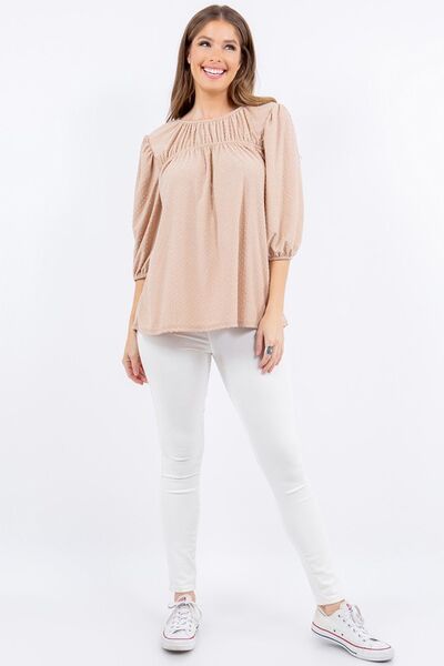 Celeste Full Size Puff Sleeve and Bow Detail Top Plus Size Blouses