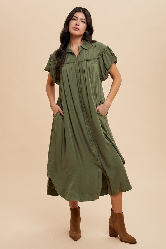 Annie Wear Mineral Washed Button Down Puff Sleeve Shirt Dress Casual Dresses