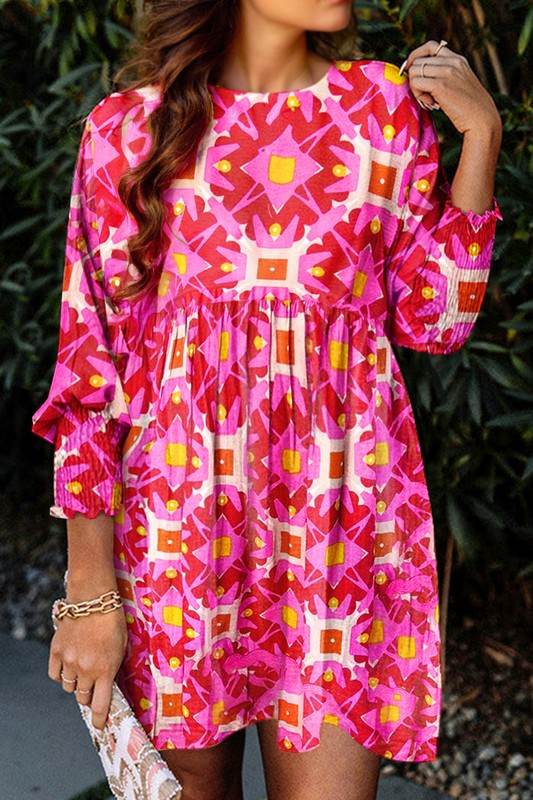Geometric Print Smocked Long Sleeve Mini Dress - Shop Style & More | Fresh Looks, Everyday Deals & Free Shipping
