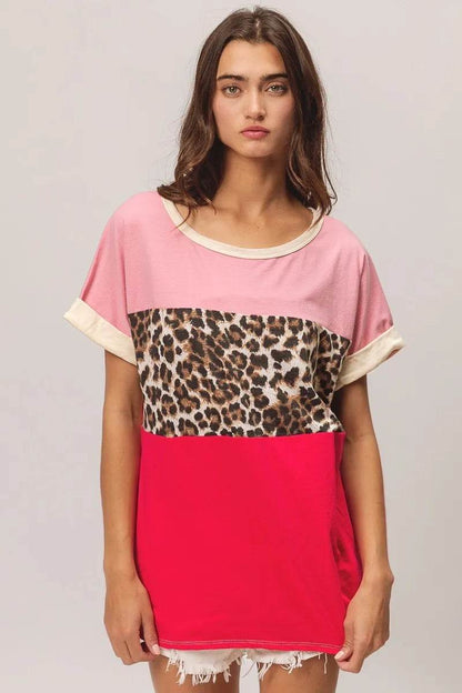 BiBi Leopard Printed Jersey Color Block Roll Up - Shop Style & More | Fresh Looks, Everyday Deals & Free Shipping