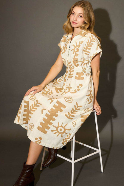 Umgee Full Size Abstract Print Elastic Waist Midi Dress Plus Size - Shop Style & More | Fresh Looks, Everyday Deals & Free Shipping