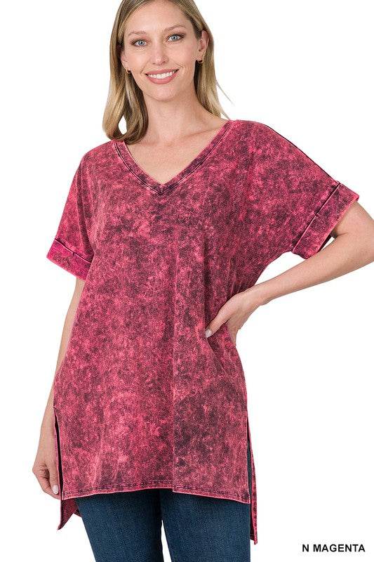 Mineral Wash Rolled Short Sleeve V-Neck Top - Shop Style & More | Fresh Looks, Everyday Deals & Free Shipping