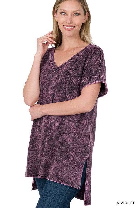 Mineral Wash Rolled Short Sleeve V-Neck Top - Shop Style & More | Fresh Looks, Everyday Deals & Free Shipping