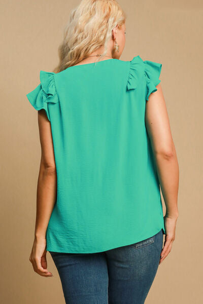 Umgee Full Size V-Neck Double Layered Ruffle Sleeve Blouse Plus Size Blouses