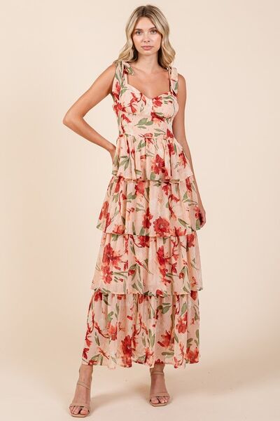 Mittoshop Layered Floral Sweetheart Neck Maxi Dress Coral Casual Dresses