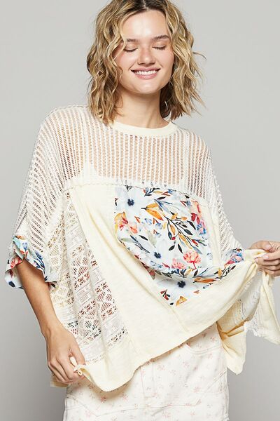 POL Hollow Out Floral Half Sleeve Knit Top Cream Blouses