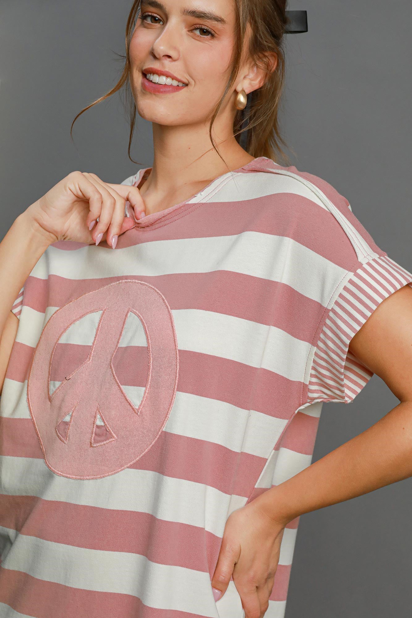 Umgee Peace Applique Striped Short Sleeve Mini Dress Casual Dresses