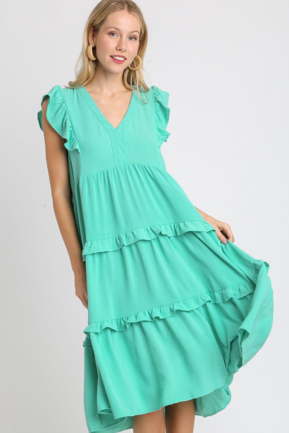 Umgee Full Size Ruffle Tiered Cap Sleeve Midi Dress Plus Size EMERALD Casual Dresses