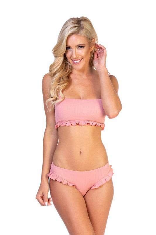 SOLID RIBBED PINK RUFFLED BIKINI SET - Shop Style & More | Fresh Looks, Everyday Deals & Free Shipping