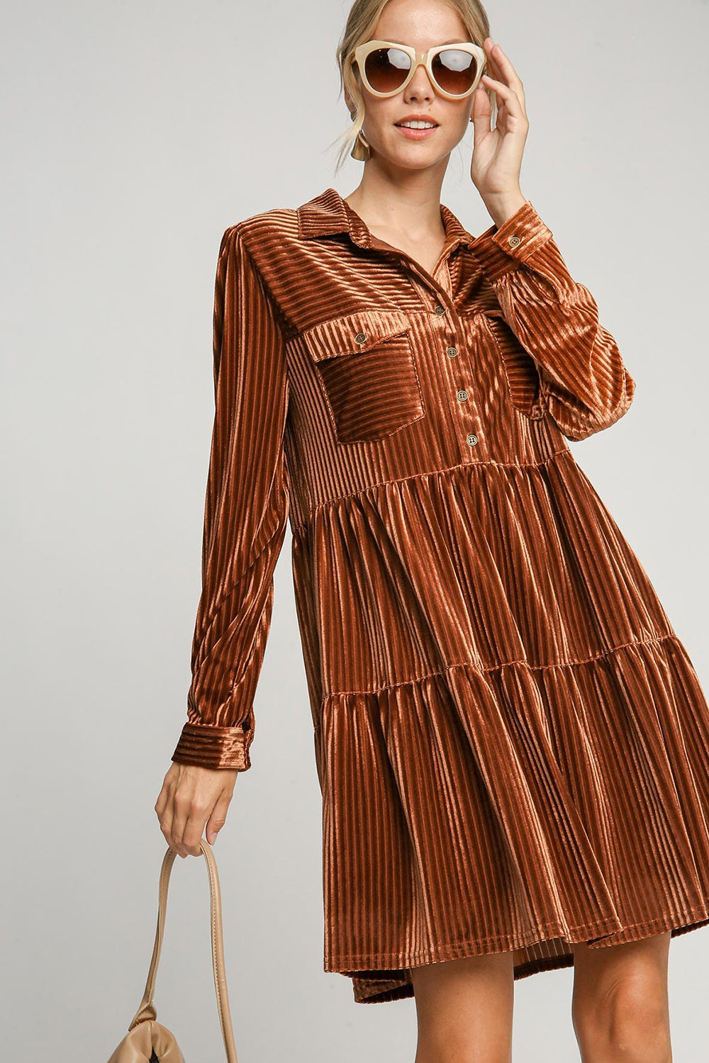 Umgee Texture Tiered Collared Long Sleeve Dress Copper Casual Dresses