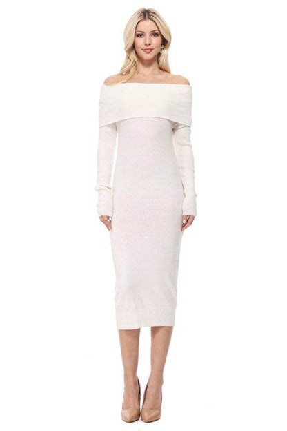 Off Shoulder Long Sleeve Slim Fit Midi Knit Dress - Shop Style & More | Fresh Looks, Everyday Deals & Free Shipping