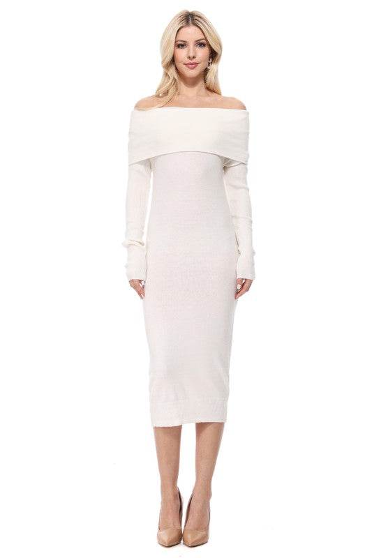 Off Shoulder Long Sleeve Slim Fit Midi Knit Dress - Shop Style & More | Fresh Looks, Everyday Deals & Free Shipping
