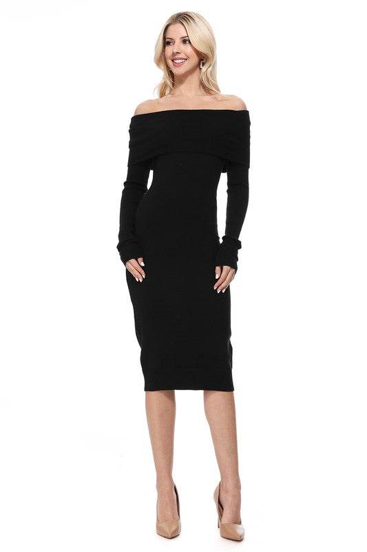 Off Shoulder Long Sleeve Slim Fit Midi Knit Dress - Shop Style & More | Fresh Looks, Everyday Deals & Free Shipping