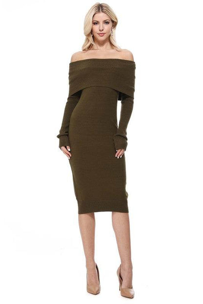 Off Shoulder Long Sleeve Slim Fit Midi Knit Dress - Shop Style & More | Fresh Looks, Everyday Deals & Free Shipping