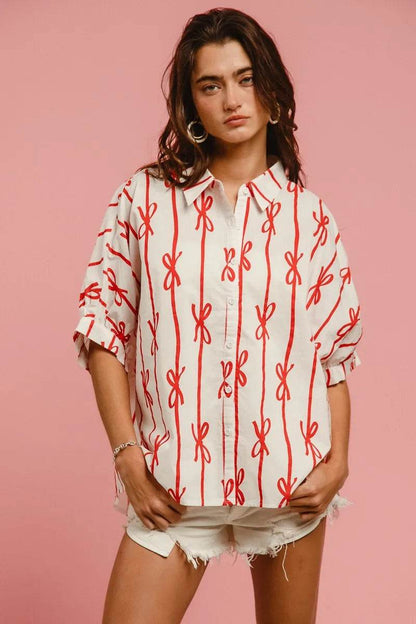 BiBi Bow Ribbon Woven Printed Button Down Shirt - Shop Style & More | Fresh Looks, Everyday Deals & Free Shipping