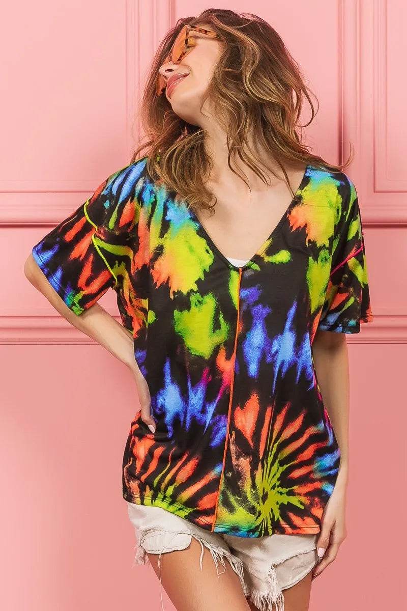 BiBi Tie Dye Print Jersey Stitched V Neck Top - Shop Style & More | Fresh Looks, Everyday Deals & Free Shipping