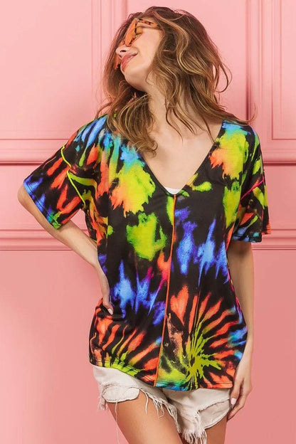 BiBi Tie Dye Print Jersey Stitched V Neck Top - Shop Style & More | Fresh Looks, Everyday Deals & Free Shipping