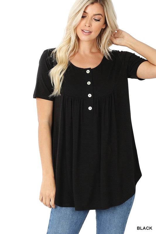 Short Sleeve Dolphin Hem Shell Button Top - Shop Style & More | Fresh Looks, Everyday Deals & Free Shipping