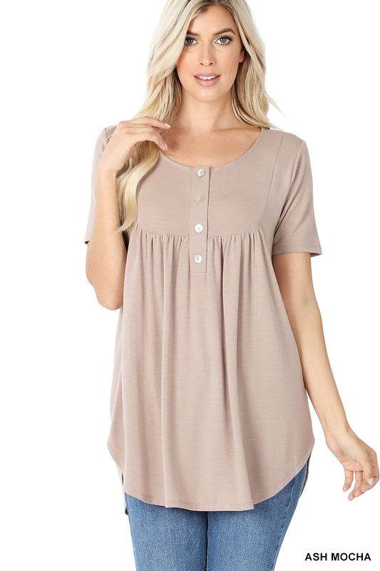 Short Sleeve Dolphin Hem Shell Button Top - Shop Style & More | Fresh Looks, Everyday Deals & Free Shipping