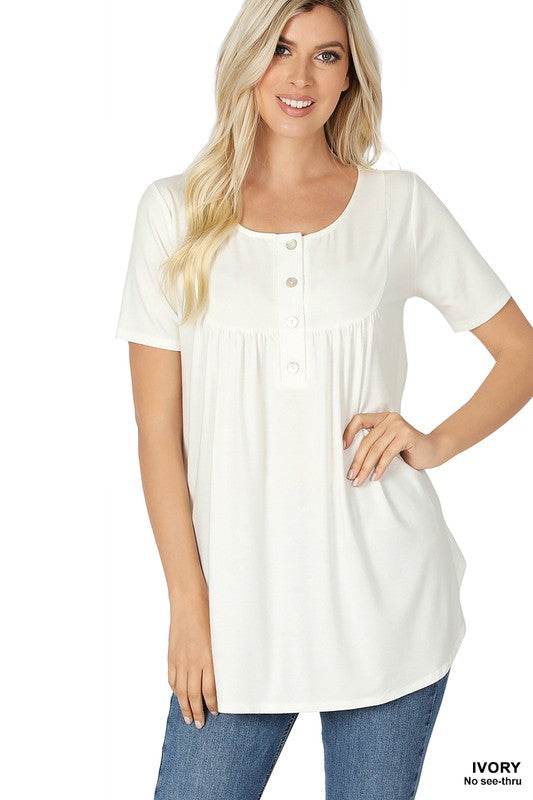 Short Sleeve Dolphin Hem Shell Button Top - Shop Style & More | Fresh Looks, Everyday Deals & Free Shipping