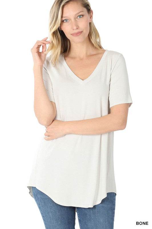 Luxe Rayon Short Sleeve V-Neck Hi-Low Hem Top - Shop Style & More | Fresh Looks, Everyday Deals & Free Shipping
