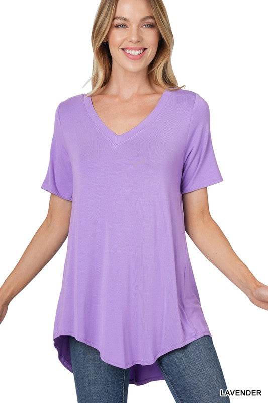 Luxe Rayon Short Sleeve V-Neck Hi-Low Hem Top - Shop Style & More | Fresh Looks, Everyday Deals & Free Shipping