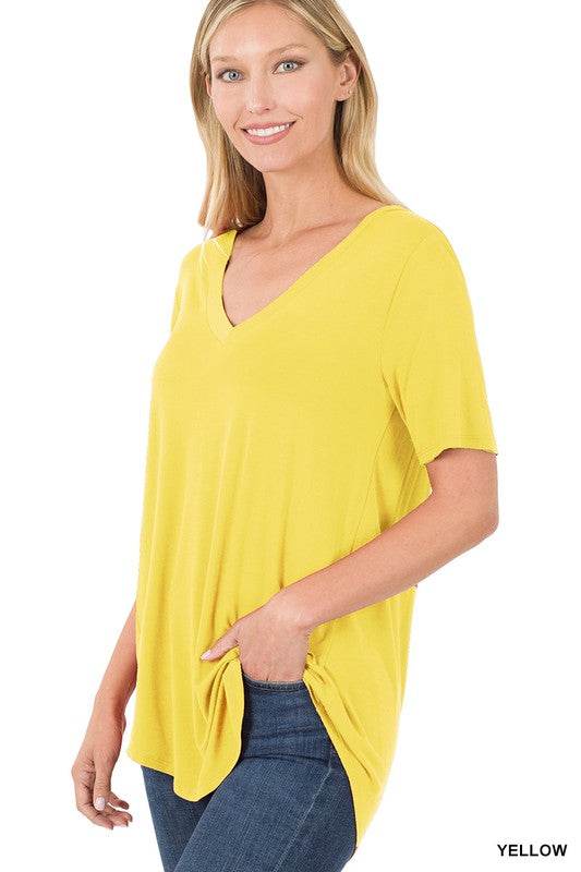 Luxe Rayon Short Sleeve V-Neck Hi-Low Hem Top - Shop Style & More | Fresh Looks, Everyday Deals & Free Shipping