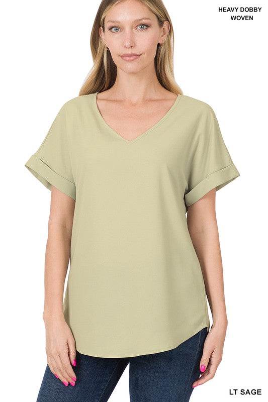 Woven Heavy Dobby Rolled Sleeve V-Neck Top - Shop Style & More | Fresh Looks, Everyday Deals & Free Shipping