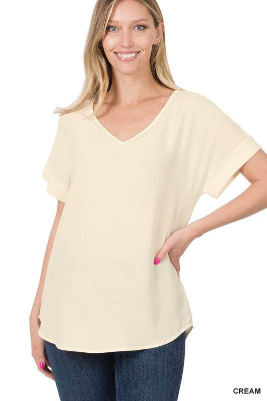 Woven Heavy Dobby Rolled Sleeve V-Neck Top - Shop Style & More | Fresh Looks, Everyday Deals & Free Shipping