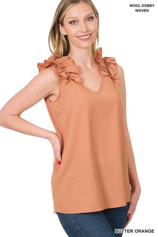 Woven Wool Dobby Ruffle Trim Sleeveless Top - Shop Style & More | Fresh Looks, Everyday Deals & Free Shipping