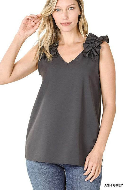 Woven Wool Dobby Ruffle Trim Sleeveless Top - Shop Style & More | Fresh Looks, Everyday Deals & Free Shipping