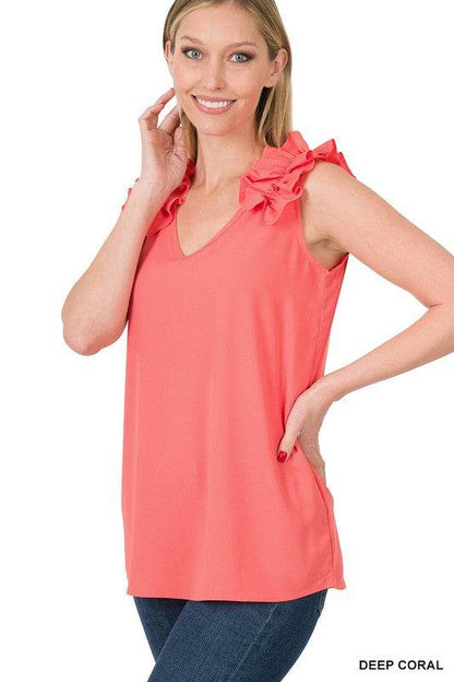 Woven Wool Dobby Ruffle Trim Sleeveless Top - Shop Style & More | Fresh Looks, Everyday Deals & Free Shipping