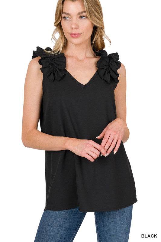Woven Wool Dobby Ruffle Trim Sleeveless Top - Shop Style & More | Fresh Looks, Everyday Deals & Free Shipping
