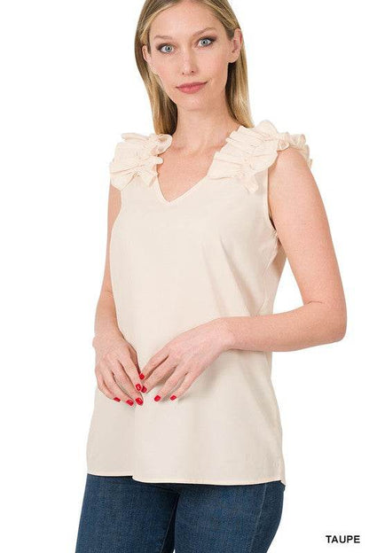 Woven Wool Dobby Ruffle Trim Sleeveless Top - Shop Style & More | Fresh Looks, Everyday Deals & Free Shipping
