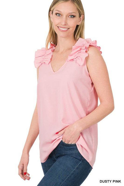 Woven Wool Dobby Ruffle Trim Sleeveless Top - Shop Style & More | Fresh Looks, Everyday Deals & Free Shipping