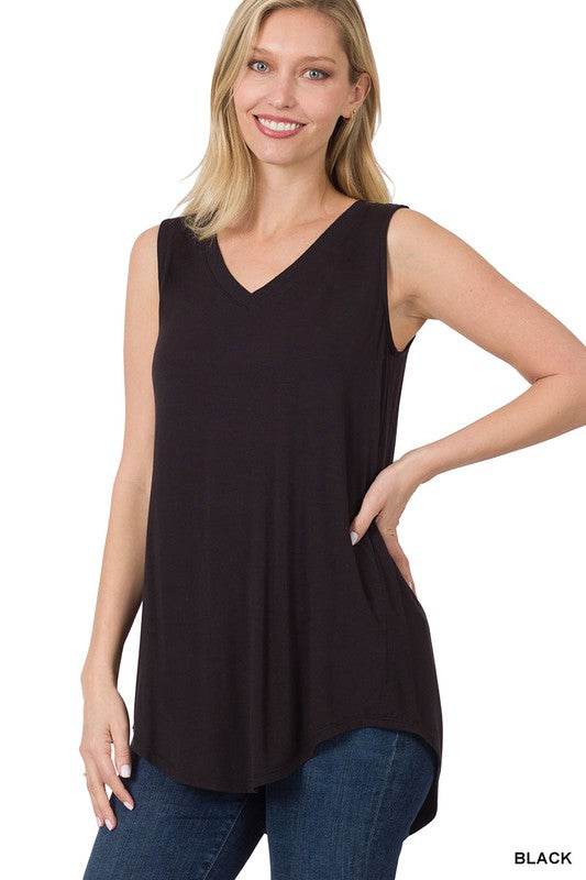 Luxe Rayon Sleeveless V-Neck Hi-Low Hem Top - Shop Style & More | Fresh Looks, Everyday Deals & Free Shipping