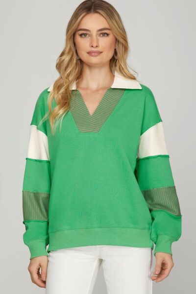 She + Sky Full Size Color Block Sleeve Johnny Collar French Terry Sweatshirt Plus Size Green Hoodies & Sweaters