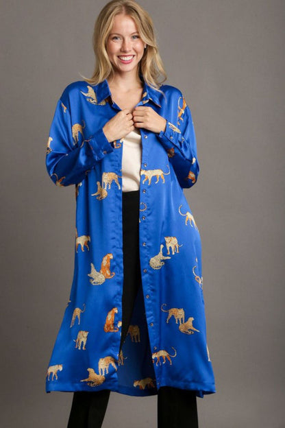 Umgee Full Size Animal Print Button Down Midi Shirt Dress Plus Size Royal Blue Casual Dresses