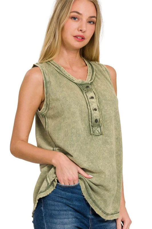 Zenana Washed Half-button Raw Edge Sleeveless Henley Top - Shop Style & More | Fresh Looks, Everyday Deals & Free Shipping