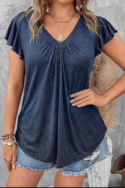 Plus Solid V Neck Ruffle Ruched Fit Top - Shop Style & More | Fresh Looks, Everyday Deals & Free Shipping