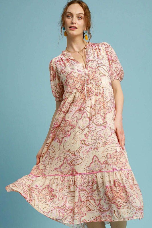 Umgee Full Size Printed Puff Short Sleeve Midi Dress Plus Size - Shop Style & More | Fresh Looks, Everyday Deals & Free Shipping