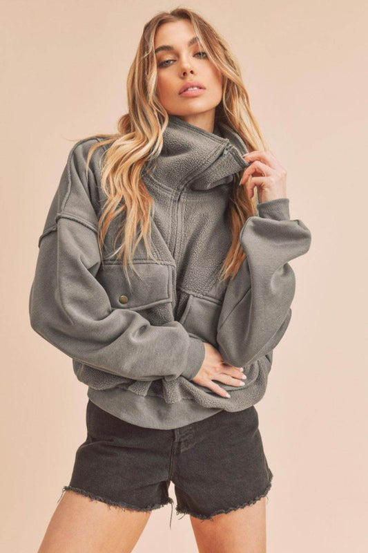 Aemi + Co Exposed Seam Half Zip Sweatshirt with Pockets - Shop Style & More | Fresh Looks, Everyday Deals & Free Shipping