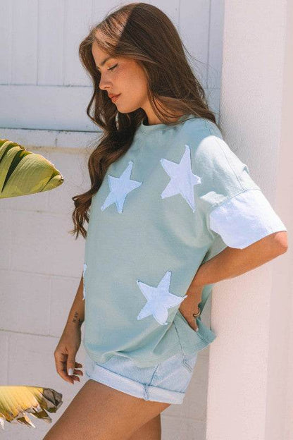 Etta Frayed Denim Star Patched Oversize Top - Shop Style & More | Fresh Looks, Everyday Deals & Free Shipping