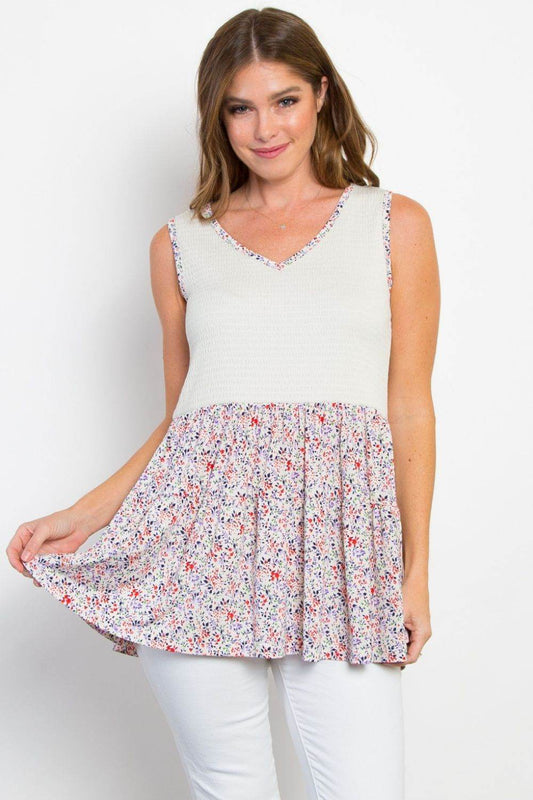 Be Stage Full Size Smocked Printed Peplum Sleeveless Top - Shop Style & More | Fresh Looks, Everyday Deals & Free Shipping