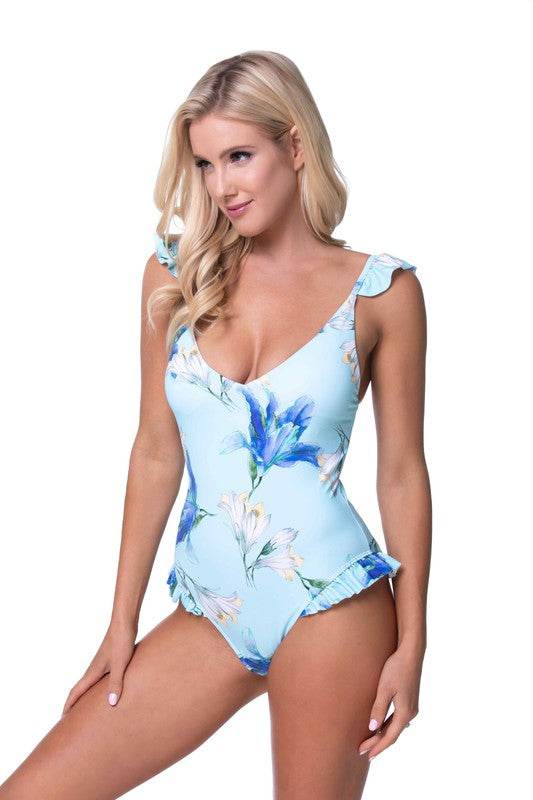 BLUE FLORAL RUFFLE TRIM ONE PIECE SWIMWEAR - Shop Style & More | Fresh Looks, Everyday Deals & Free Shipping