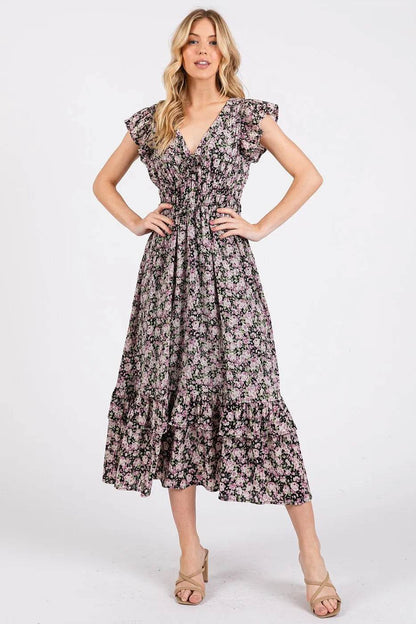 Mittoshop Flower Print Ruffle Cap Sleeve V-neck Midi Dress - Shop Style & More | Fresh Looks, Everyday Deals & Free Shipping